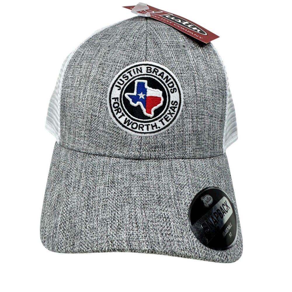 Justin Brands Fort Worth Texas Trucker Hat Snapback Mesh Cap Gray White NWT Gift